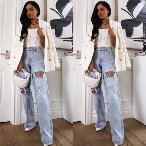 Express Jackets & Blazers - Express Wool-Blend Double Breasted Novelty Button Blazer in Ivory & Gold